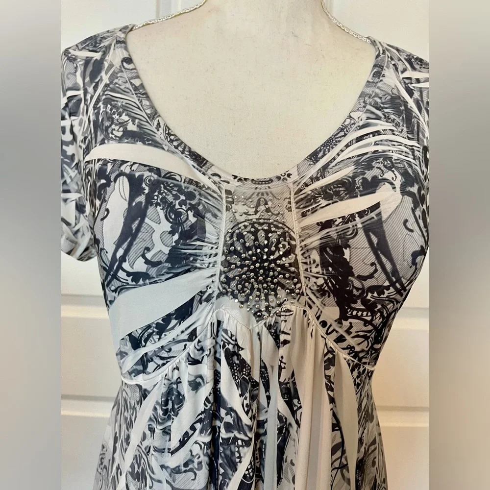 Vtg Y2K Boho Apt.9 Midi Stretch Dress Gray White Pattern Dye Print Scoop Neck MD - Picture 11 of 15